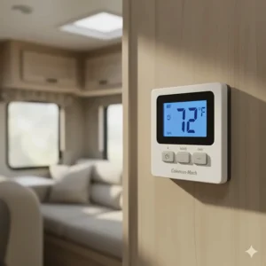 Digital wall thermostat used to control the fan speed and temperature settings of the Coleman Mach RV air conditioner.