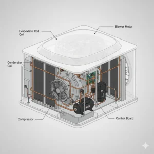 Technical diagram illustrating the large evaporator and condenser coils of the Coleman Mach RV air conditioner for maximum cooling.