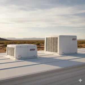 Comparison showing the ultra-low profile of the Coleman Mach 8 RV air conditioner versus a standard unit for better fuel efficiency.