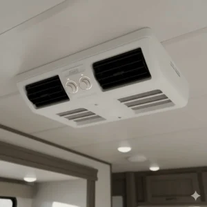 Interior air distribution box (ADB) for a Coleman Mach RV air conditioner with manual controls and directional vents.