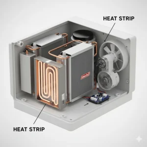 The Coleman Mach RV air conditioner with an optional heat pump or heat strip element for auxiliary cold weather heating.
