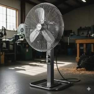 A commercial-grade 30-inch pedestal fan shown in a workshop, highlighting its robust construction and suitability for industrial use.