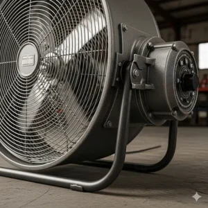 A close-up shot of a durable, commercial-grade floor fan with a powerful motor and a sturdy metal grill. This image highlights the fan's robust construction and industrial design.