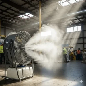 A commercial-grade large misting fan installed in a warehouse, reducing heat and dust for a more comfortable work environment.