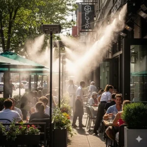 A high pressure misting system cools the outdoor seating area of a busy restaurant, enhancing the customer experience and increasing comfort.