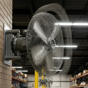 A wall-mounted industrial fan, shown oscillating to provide powerful air circulation in a large commercial space.