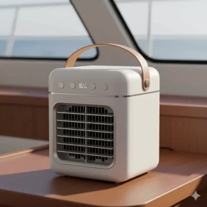 A close-up shot of a small, compact portable air cooler specifically designed for use in a boat cabin, showing its modern design.