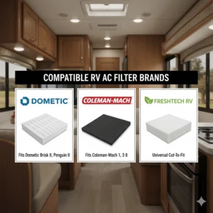 A visual listing various popular RV air conditioner filter brands and the AC units they are compatible with (e.g., Dometic, Coleman-Mach).
