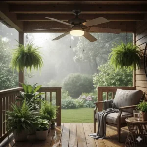 An outdoor porch featuring a damp-rated 48-inch ceiling fan, showcasing its ability to withstand moisture.