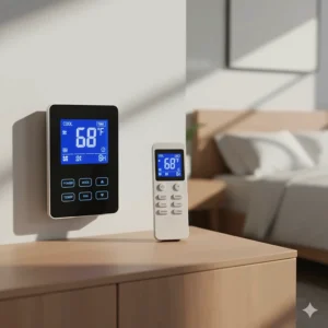 Close-up of the digital control panel and remote for a modern 28,000 BTU air conditioner, showing temperature settings and timer function.