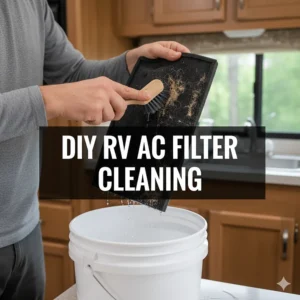Step-by-step image of a person cleaning a reusable air conditioner filter from their RV's AC unit.