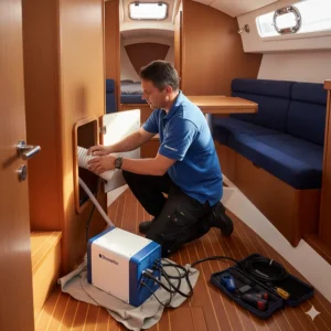An image of a technician installing a Dometic boat air conditioning system in a small cabin, demonstrating the installation process.