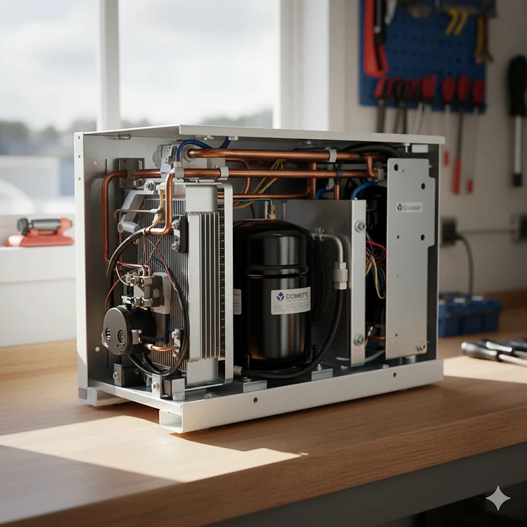 The Dometic Cruisair marine AC unit, a popular model for cooling boat interiors, shown with its protective casing removed.