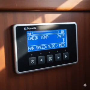 A close-up of a Dometic marine air conditioner's digital control panel, displaying temperature settings and fan speed.