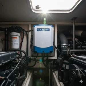 Dometic marine air conditioner unit installed in a boat's engine room, showing its compact size and durable construction.