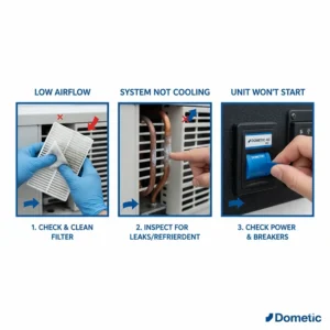 A visual guide for troubleshooting common issues with a Dometic marine air conditioner, such as low airflow or refrigerant leaks.
