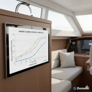 A performance graph comparing the energy efficiency of a Dometic marine air conditioner to other brands.