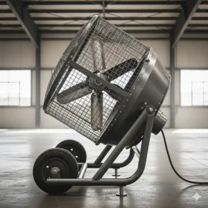 Side profile of a powerful drum-style industrial oscillating fan on wheels, featuring a tiltable head.
