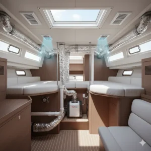 A diagram illustrating the flexible ductwork and vents distributing cool, conditioned air from a central marine air conditioner unit throughout various cabins of a vessel.