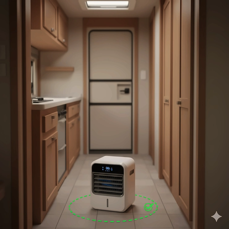 A simple image showing a portable air cooler placed on the floor of an RV, highlighting its no-installation-needed design. portable air cooler for rv