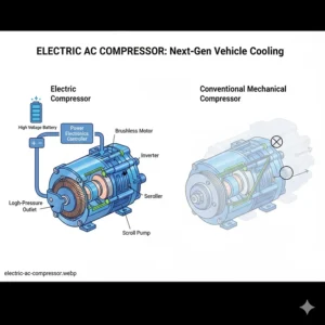 A detailed diagram showing the inner workings of an electric air conditioner compressor, highlighting the differences from a conventional mechanical compressor in a car.