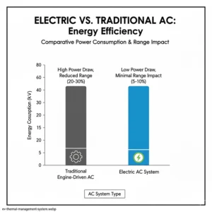 A bar graph comparing the energy efficiency of an electric air conditioner to a traditional engine-driven AC system in a vehicle.