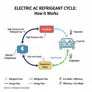 A schematic diagram of the refrigerant cycle in an electric car air conditioner, including the compressor, condenser, expansion valve, and evaporator.