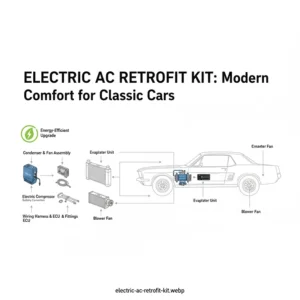 A product shot of an electric air conditioner retrofit kit designed for classic cars, showcasing the various components for installation.