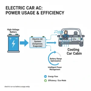 An infographic illustrating how an electric air conditioner uses a car's battery power, with arrows showing the flow of energy from the battery to the AC system.