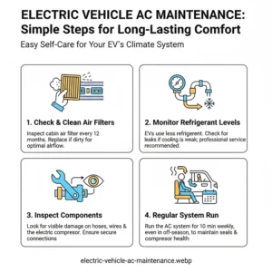 An illustration detailing the simple maintenance steps for an electric air conditioner in an electric vehicle, like checking for leaks or cleaning filters.