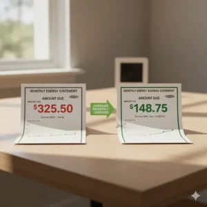 Graphic comparing a high energy bill (Before) and a lower energy bill (After) to show the savings from upgrading to a 14 SEER AC unit.