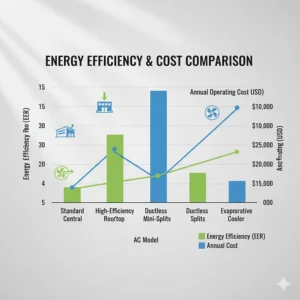 A graph comparing the energy efficiency ratings and costs of different warehouse air conditioner models.