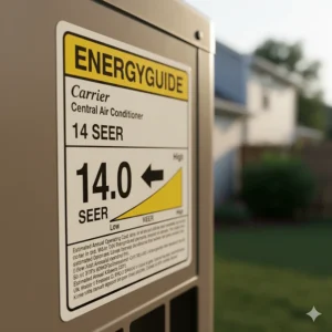 Close-up of an Energy Guide label clearly showing the 14 SEER rating for a residential air conditioning unit.