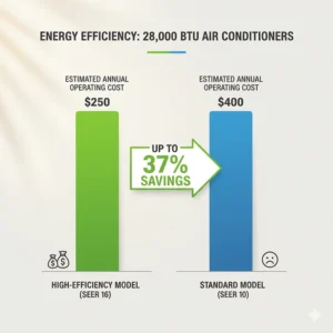 Chart comparing the energy consumption and efficiency (SEER or EER rating) of a high-efficiency 28,000 BTU AC versus a standard model.