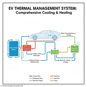A comprehensive chart explaining the role of an electric air conditioner within an electric vehicle's overall thermal management system, including battery cooling.