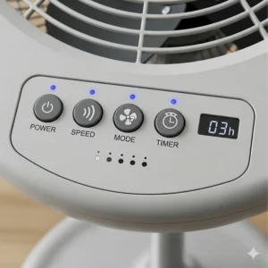 Close-up of the easy-to-use control panel on the 20-inch oscillating fan, showing different speed settings.