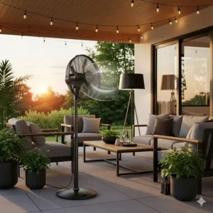 An image of a stylish, modern outdoor oscillating pedestal fan providing cooling comfort on a covered patio.