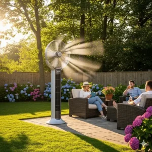A powerful outdoor fan placed in a lush backyard, providing a strong breeze for people relaxing.