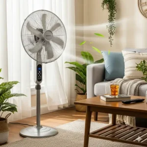 The 20-inch oscillating pedestal fan placed in a living room, providing powerful cooling circulation.