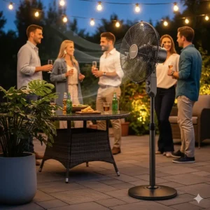 An outdoor pedestal fan strategically placed on a patio, circulating air to improve comfort for guests at an evening gathering.