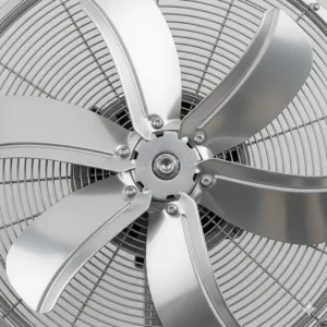 A detailed view of the durable safety grill and aerodynamic blades of the 20-inch fan.