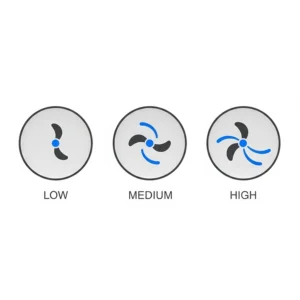 Icons illustrating the three speed settings of the 20-inch oscillating pedestal fan: low, medium, and high.