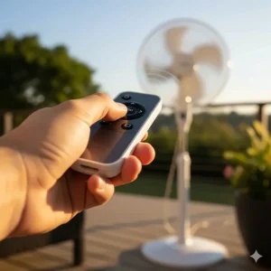 A hand holding a remote control pointed at an outdoor oscillating pedestal fan, demonstrating its convenience.