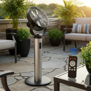 An outdoor fan with a remote control visible, illustrating the convenience of adjusting settings from a distance.