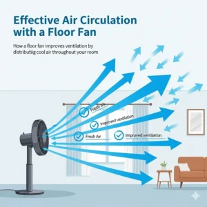 An infographic illustrating the effective air circulation provided by a floor fan. The image uses arrows and visual cues to show how the fan distributes cool air throughout a room, improving ventilation.