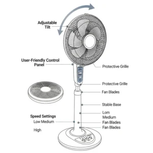 A detailed diagram highlighting the key design features of a floor fan, such as adjustable tilt, multiple speed settings, and a user-friendly control panel.