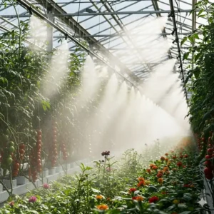 Misting nozzles emit a fine mist inside a greenhouse, demonstrating how a high pressure misting system can be used to humidify and cool for optimal plant growth.
