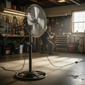 A heavy-duty, industrial 24-inch pedestal fan positioned in a garage to provide ventilation and cooling during a workout or project.