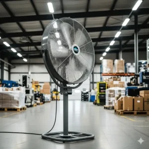 A heavy-duty, industrial 30-inch pedestal fan mounted in a warehouse, providing powerful air circulation for large, open spaces.