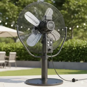 A picture of a heavy-duty, commercial-grade outdoor pedestal fan with a sturdy base and a powerful motor.
